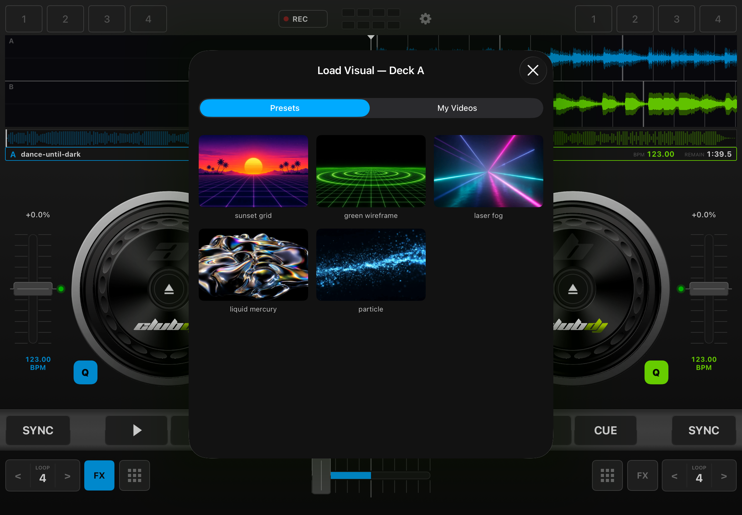 iPad showing the visual library: a grid of generative VJ visual presets to load onto a deck