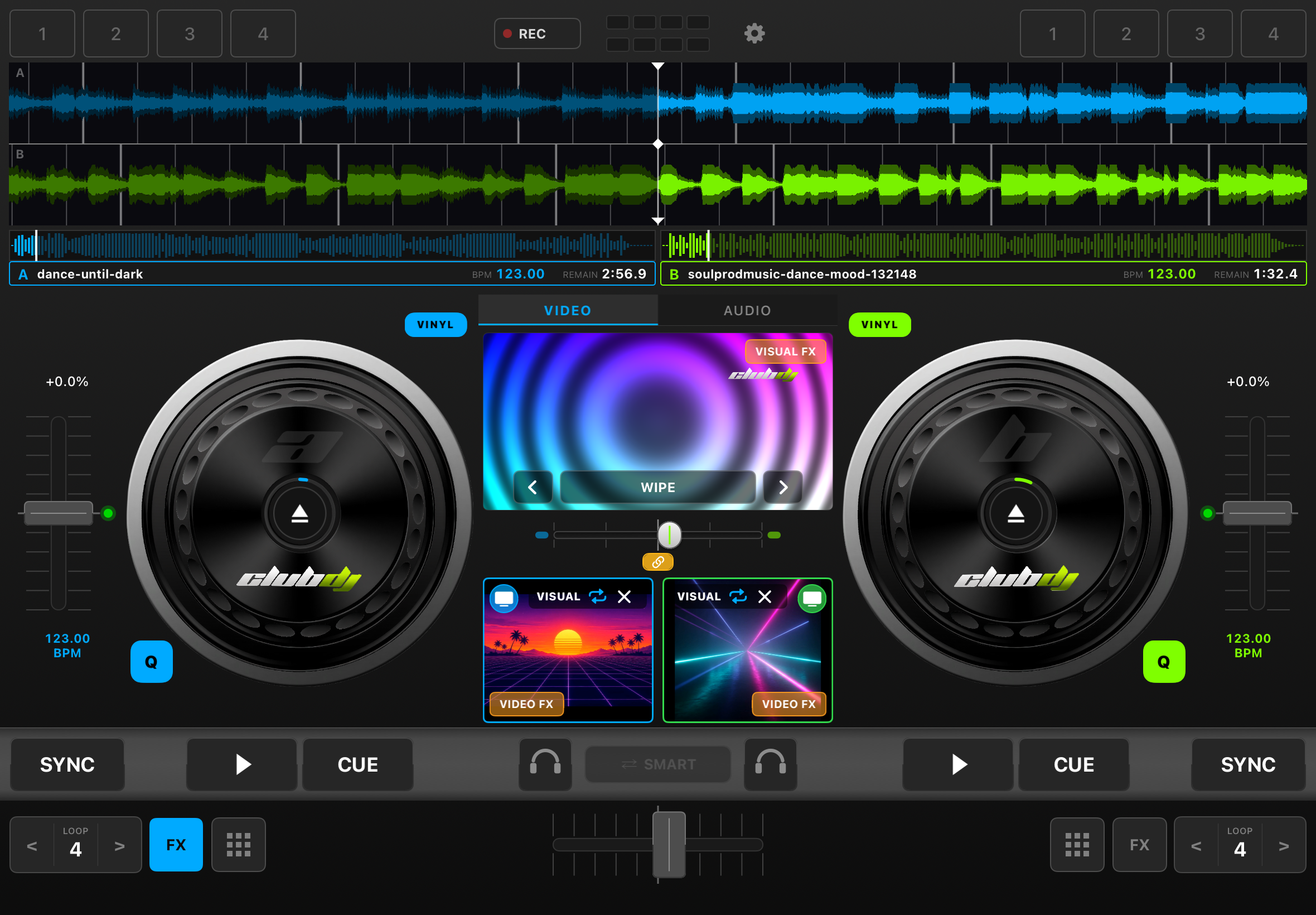 iPad showing a live video transition wiping between two decks