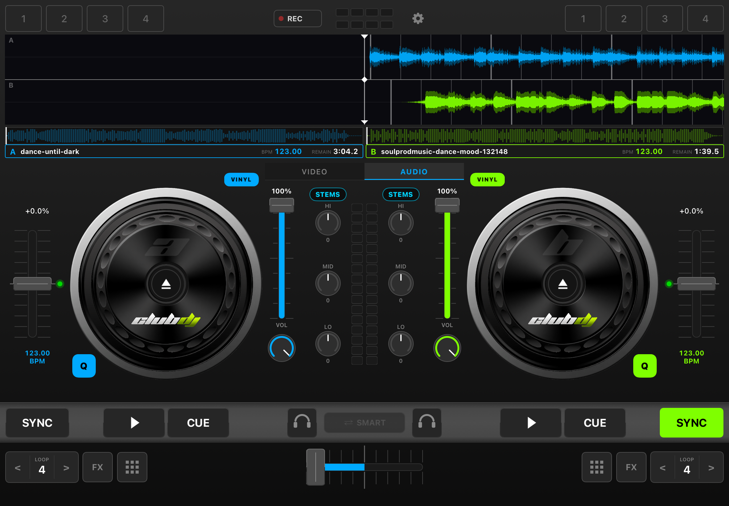 iPad showing live stem separation controls across both decks