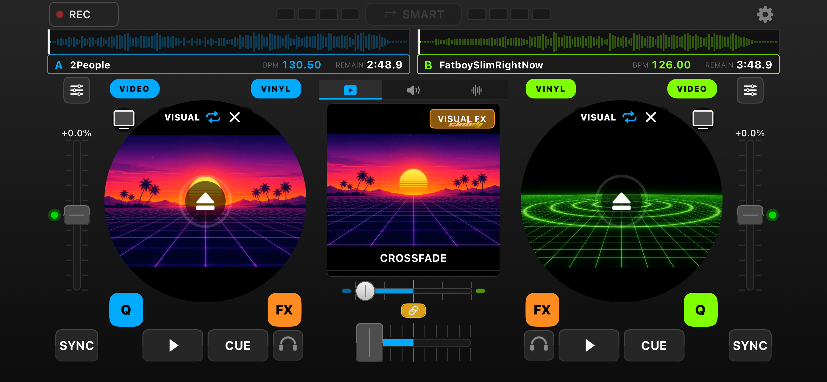Live video mixing across two decks with a center video crossfade
