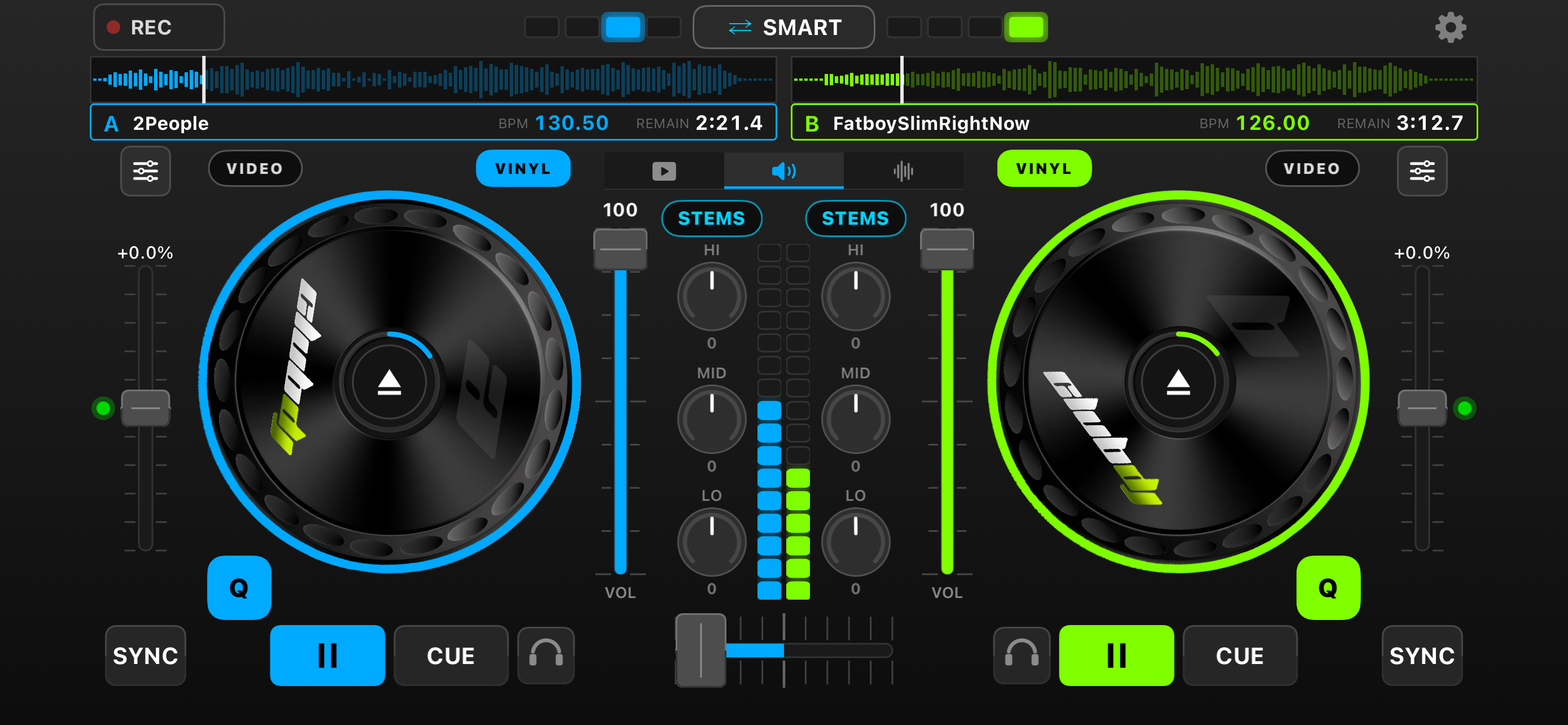 iPhone showing stems mixing with isolated vocal, drum, bass and melody controls