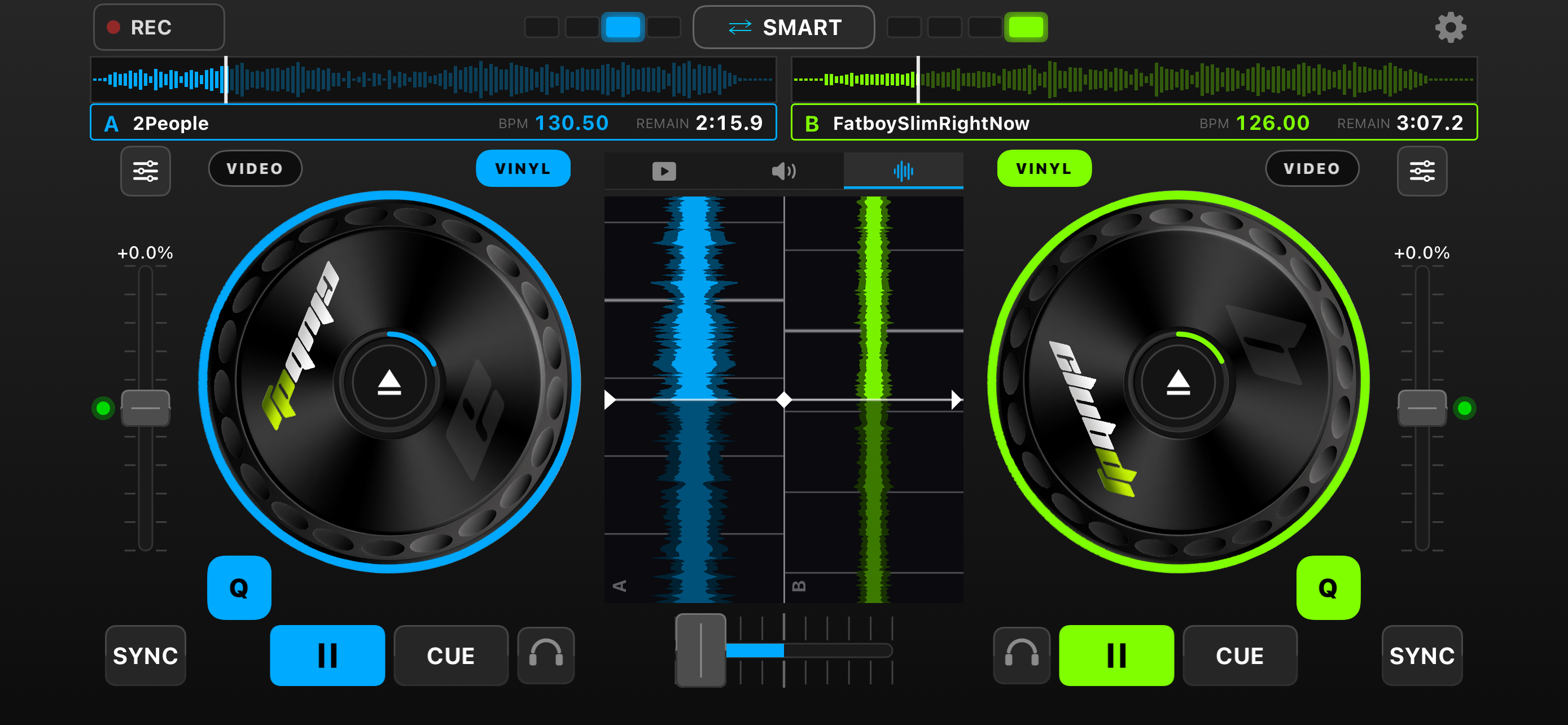 iPhone showing dual scratch waveforms for beat-matching